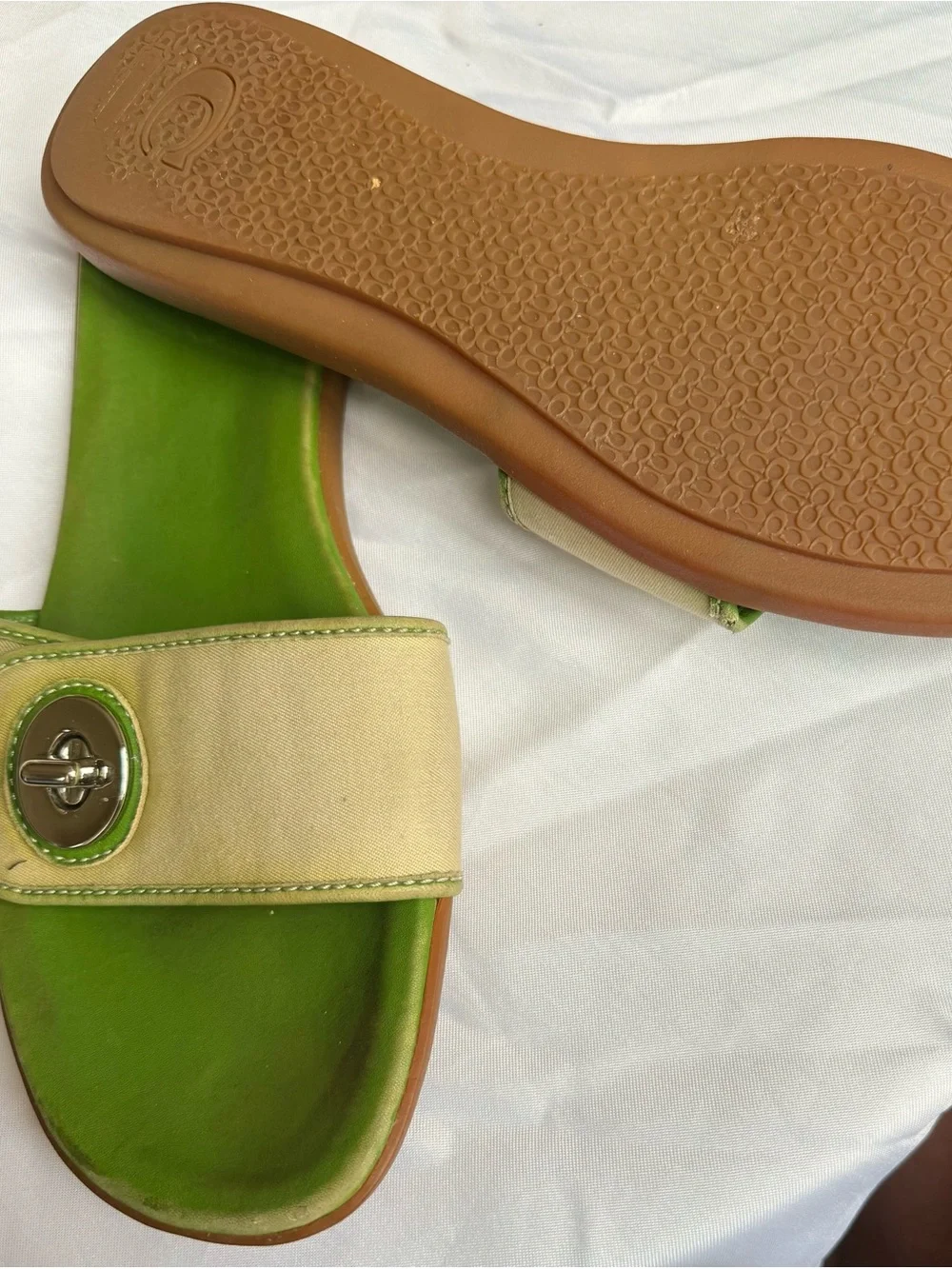 Coach Green and Cream Slide Sandal with Silver Turn-Lock Accent